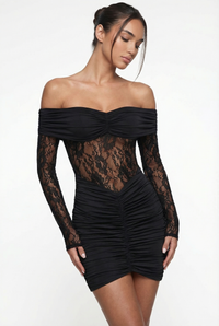 Marie Off-Shoulder Ruched Mini Dress – Black
