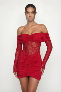 Marie Off-Shoulder Ruched Mini Dress – Red