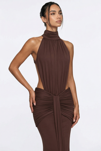 Millie Halter Neck Ruched Maxi Dress – Brown