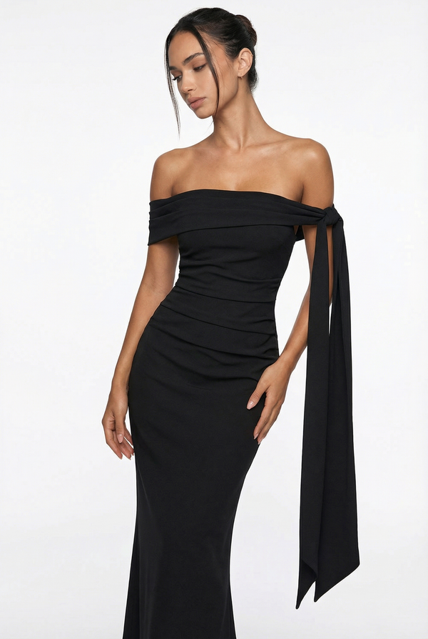 Nadine Off-Shoulder Draped Maxi Dress – Black
