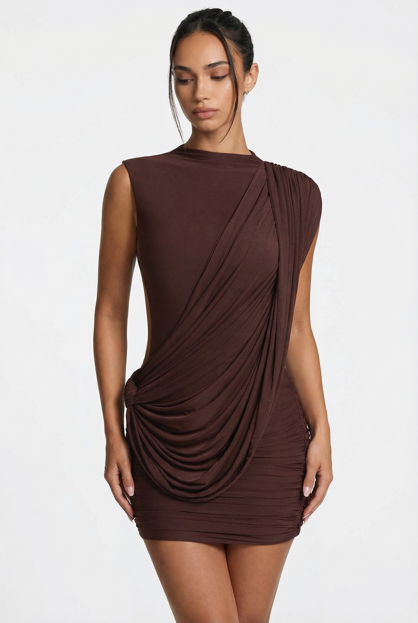 Stacie Asymmetric Draped Mini Dress – Brown