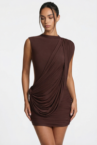 Stacie Asymmetric Draped Mini Dress – Brown