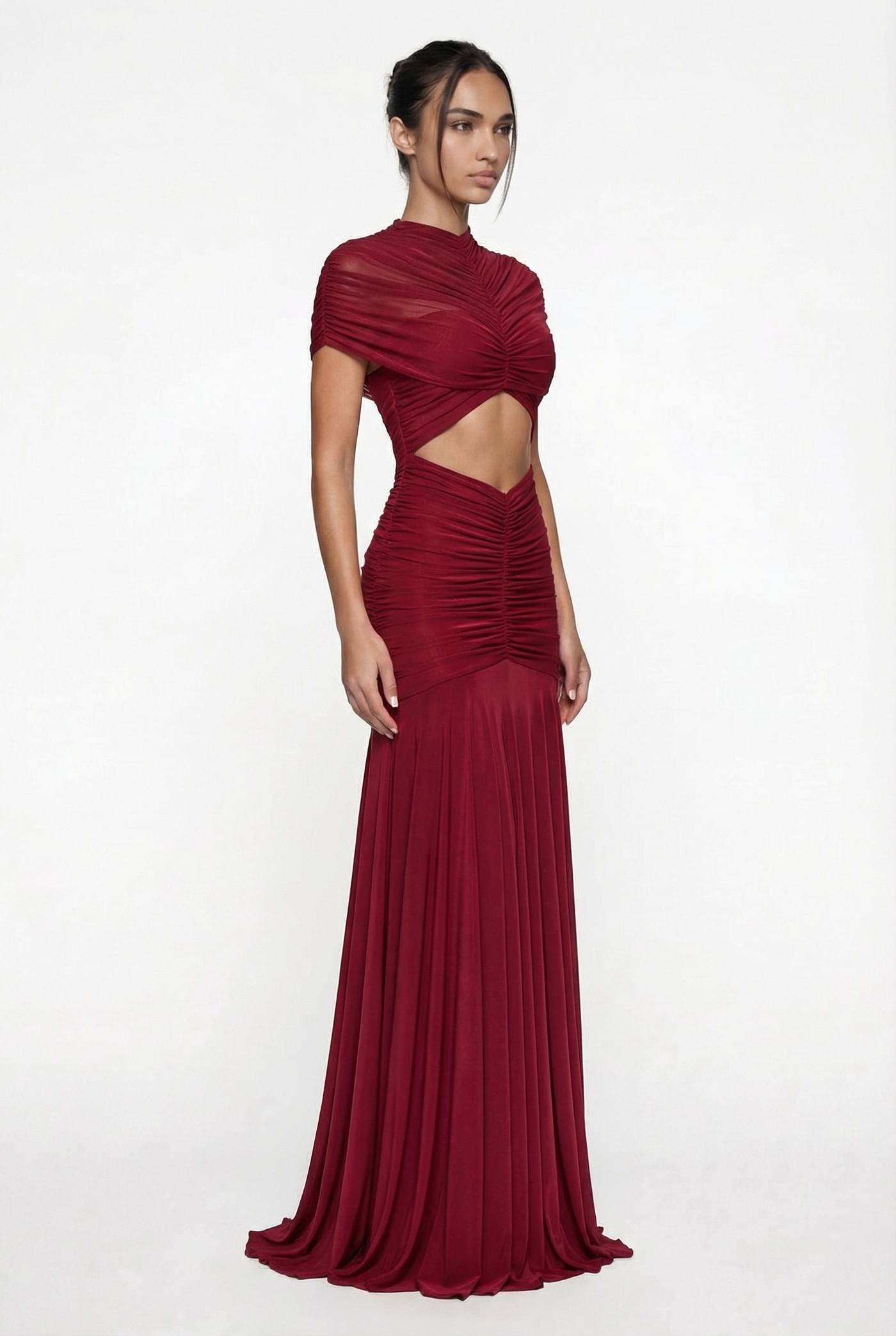 Violeta Sheer Ruched Cut-Out Maxi Dress – Burgundy