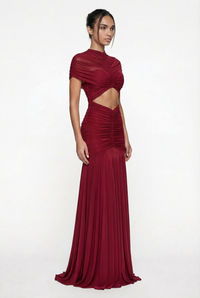 Violeta Sheer Ruched Cut-Out Maxi Dress – Burgundy
