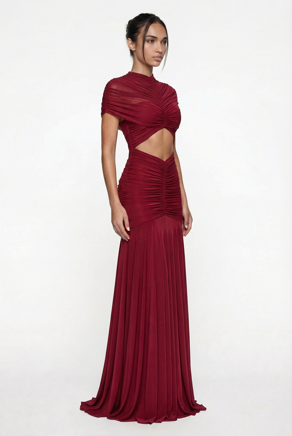 Violeta Sheer Ruched Cut-Out Maxi Dress – Burgundy