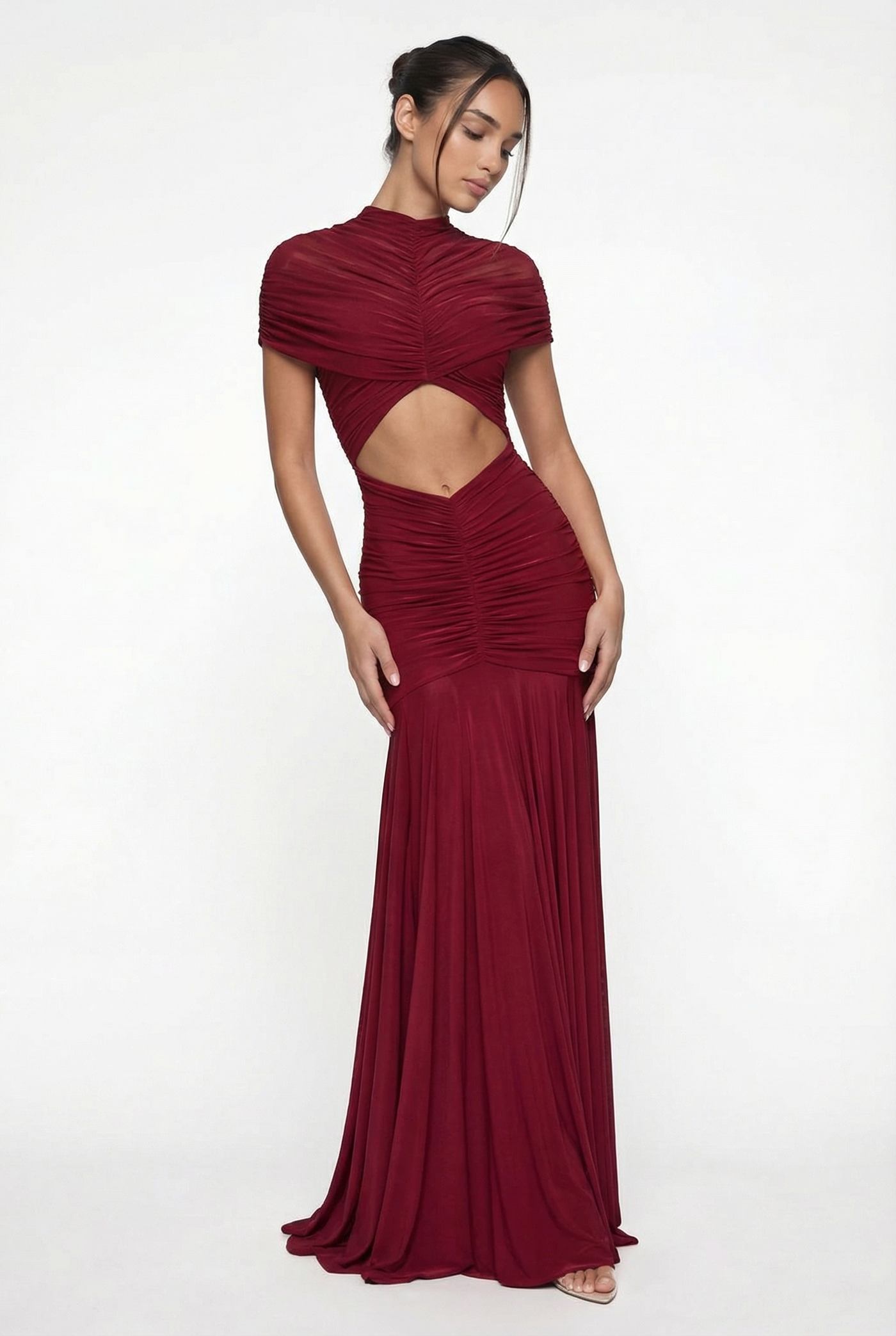 Violeta Sheer Ruched Cut-Out Maxi Dress – Burgundy