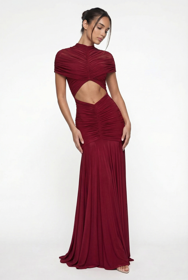 Violeta Sheer Ruched Cut-Out Maxi Dress – Burgundy