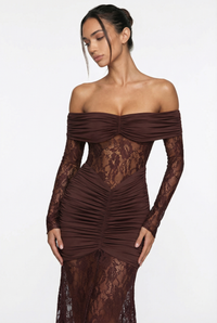 Regina Off-Shoulder Lace Maxi Dress – Brown
