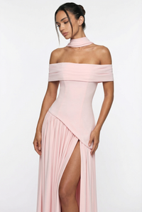 Clarence Off-Shoulder Maxi Dress with Scarf – Pink