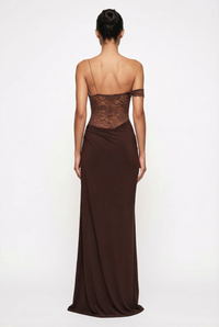 Oria Lace Bodice Maxi Dress – Brown