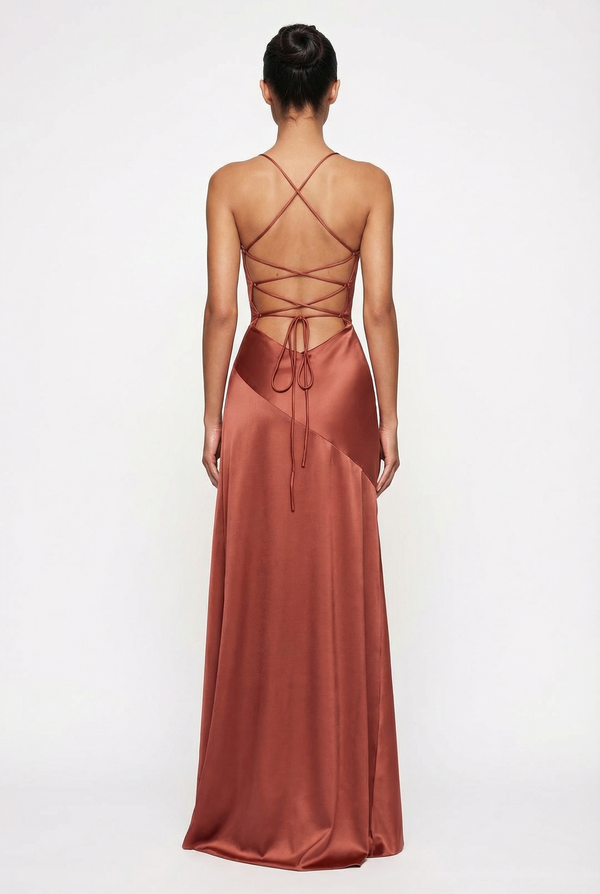 Stella Strappy Back Satin Maxi Dress – Rust