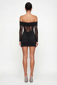 Marie Off-Shoulder Ruched Mini Dress – Black