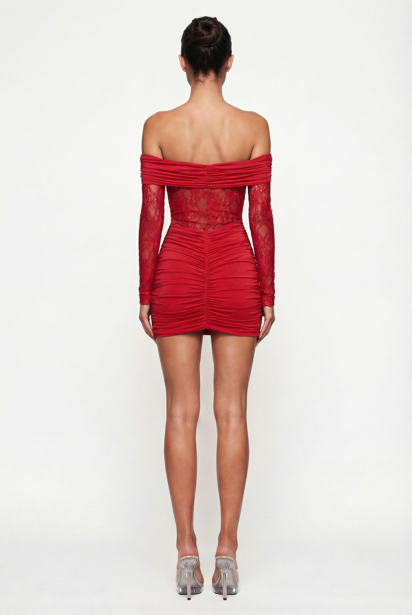 Marie Off-Shoulder Ruched Mini Dress – Red