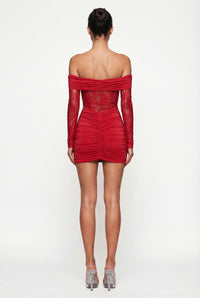 Marie Off-Shoulder Ruched Mini Dress – Red