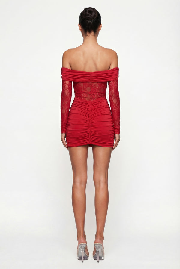 Marie Off-Shoulder Ruched Mini Dress – Red