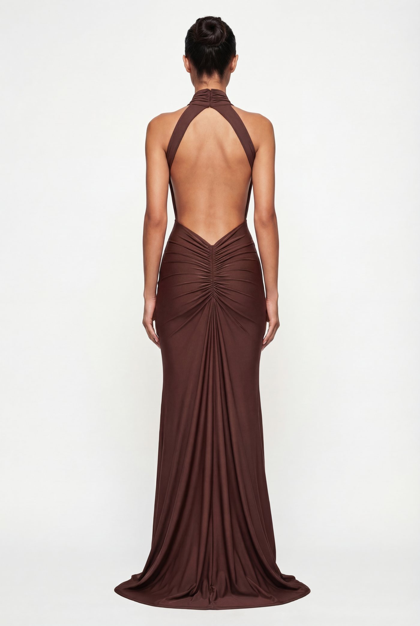 Millie Halter Neck Ruched Maxi Dress – Brown