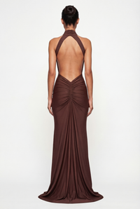 Millie Halter Neck Ruched Maxi Dress – Brown
