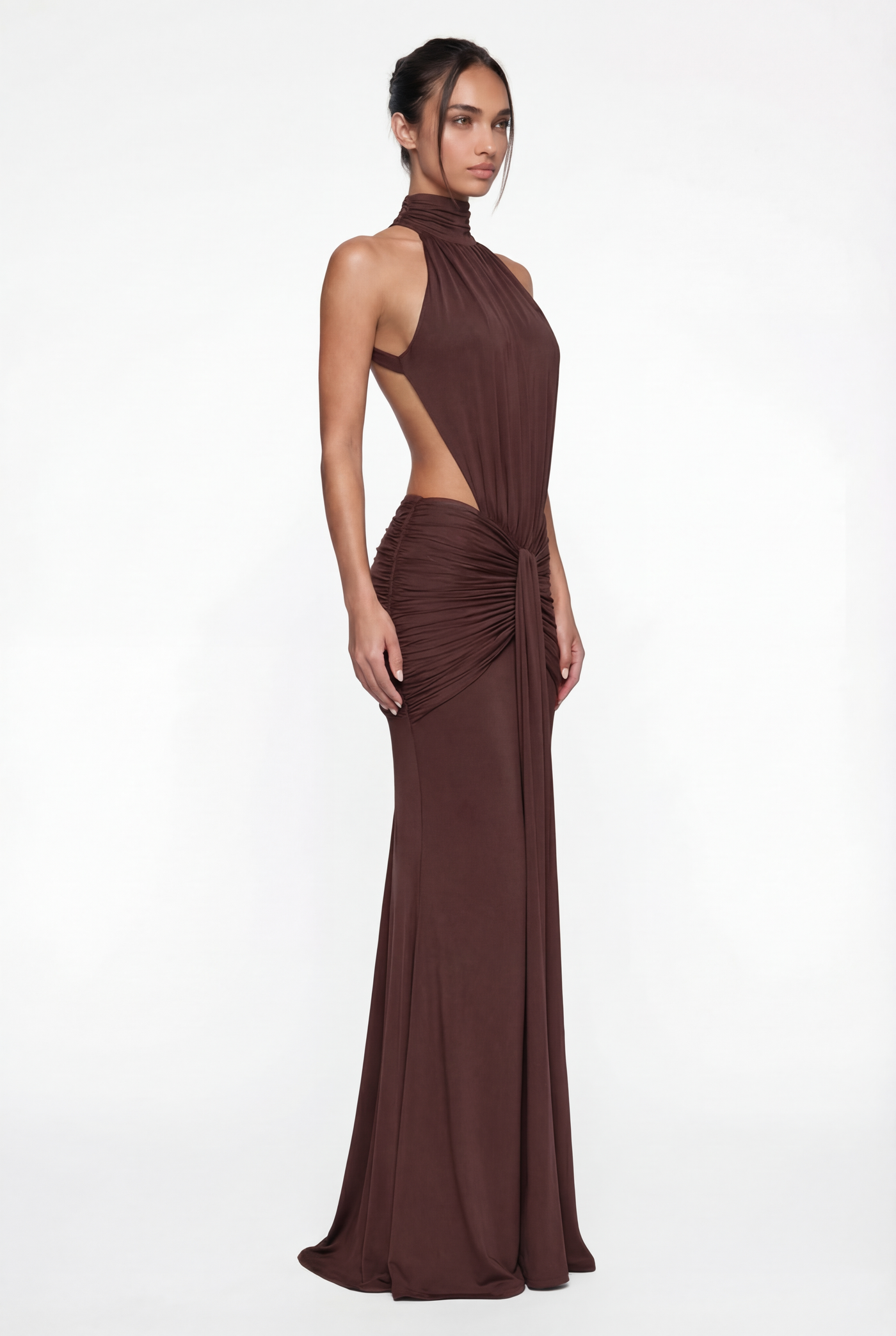 Millie Halter Neck Ruched Maxi Dress – Brown