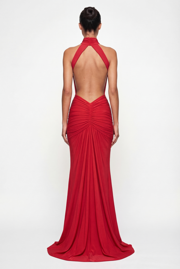 Millie Halter Neck Ruched Maxi Dress – Red