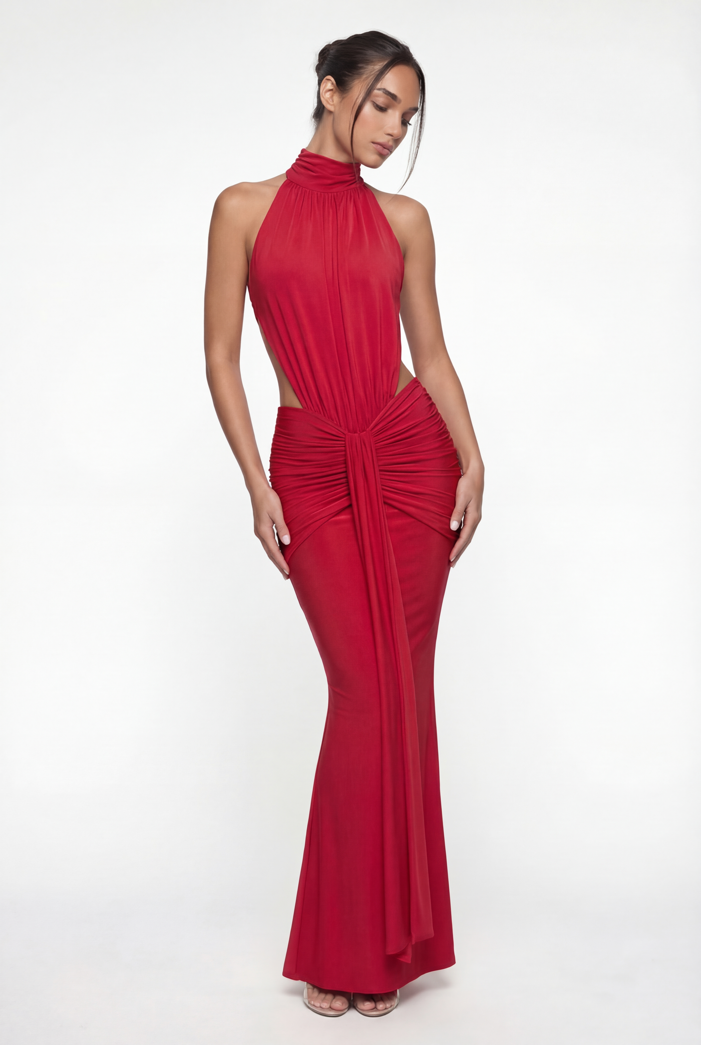Millie Halter Neck Ruched Maxi Dress – Red