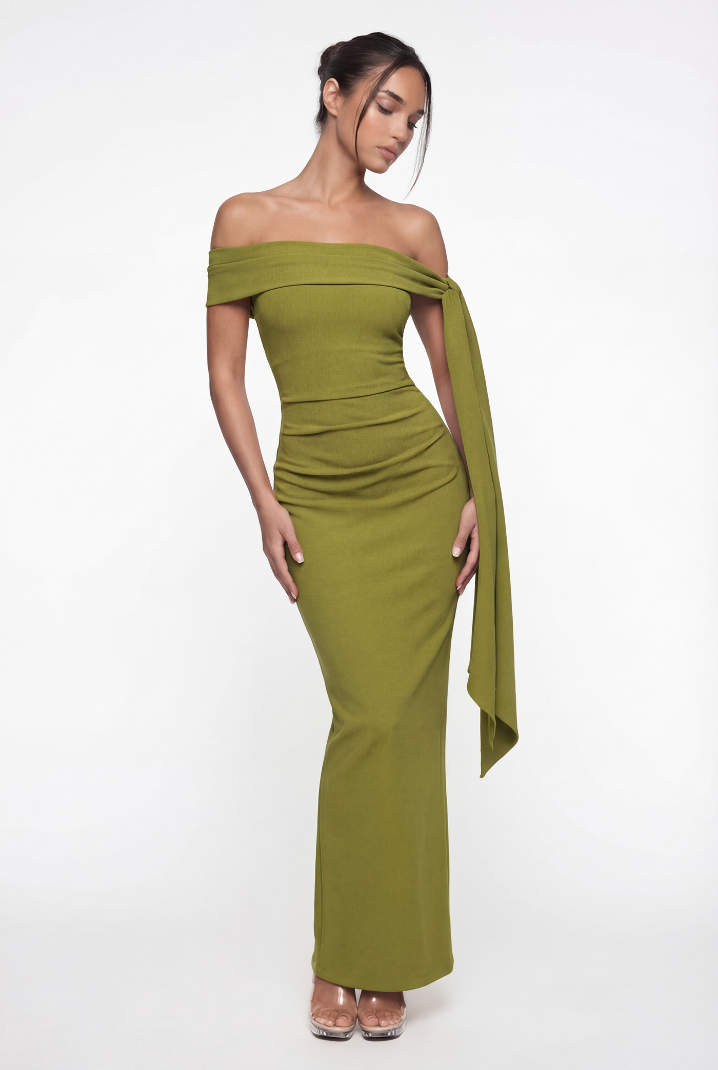 Nadine Off-Shoulder Draped Maxi Dress – Olive