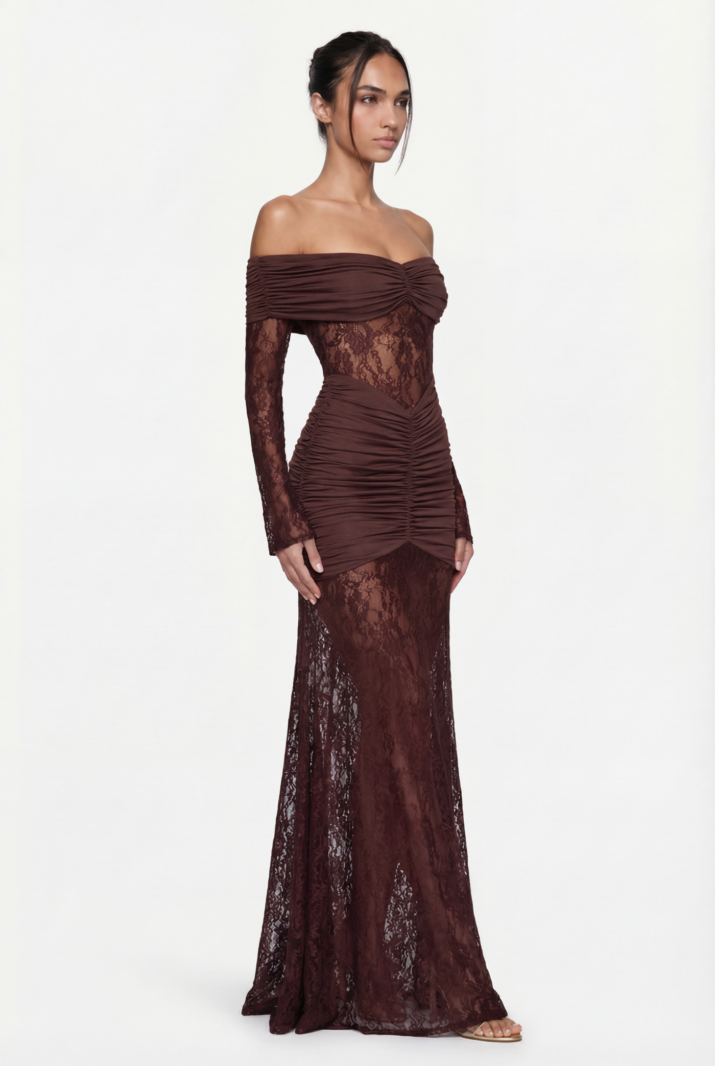 Regina Off-Shoulder Lace Maxi Dress – Brown