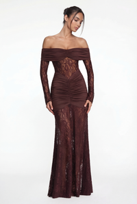 Regina Off-Shoulder Lace Maxi Dress – Brown