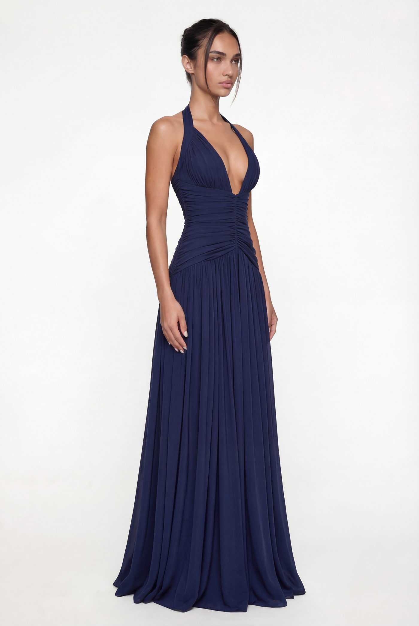 Rian Halter Ruched Maxi Dress – Navy Blue