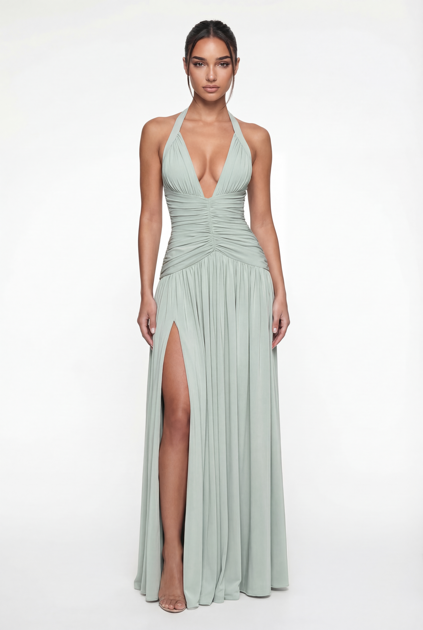 Rian Halter Ruched Maxi Dress – Sage
