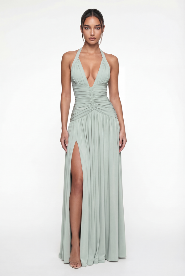 Rian Halter Ruched Maxi Dress – Sage