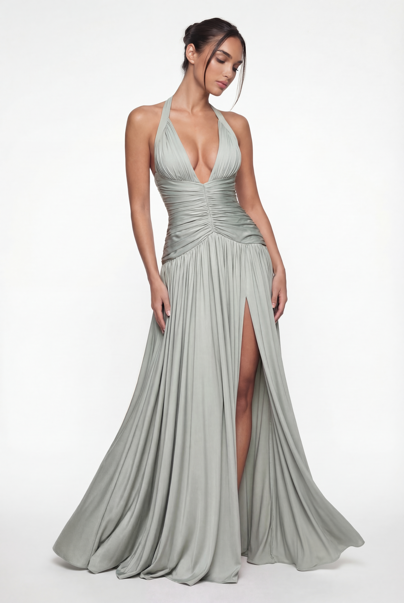 Rian Halter Ruched Maxi Dress – Sage