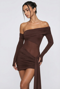Roxanne Sheer Ruched Mini Dress – Brown