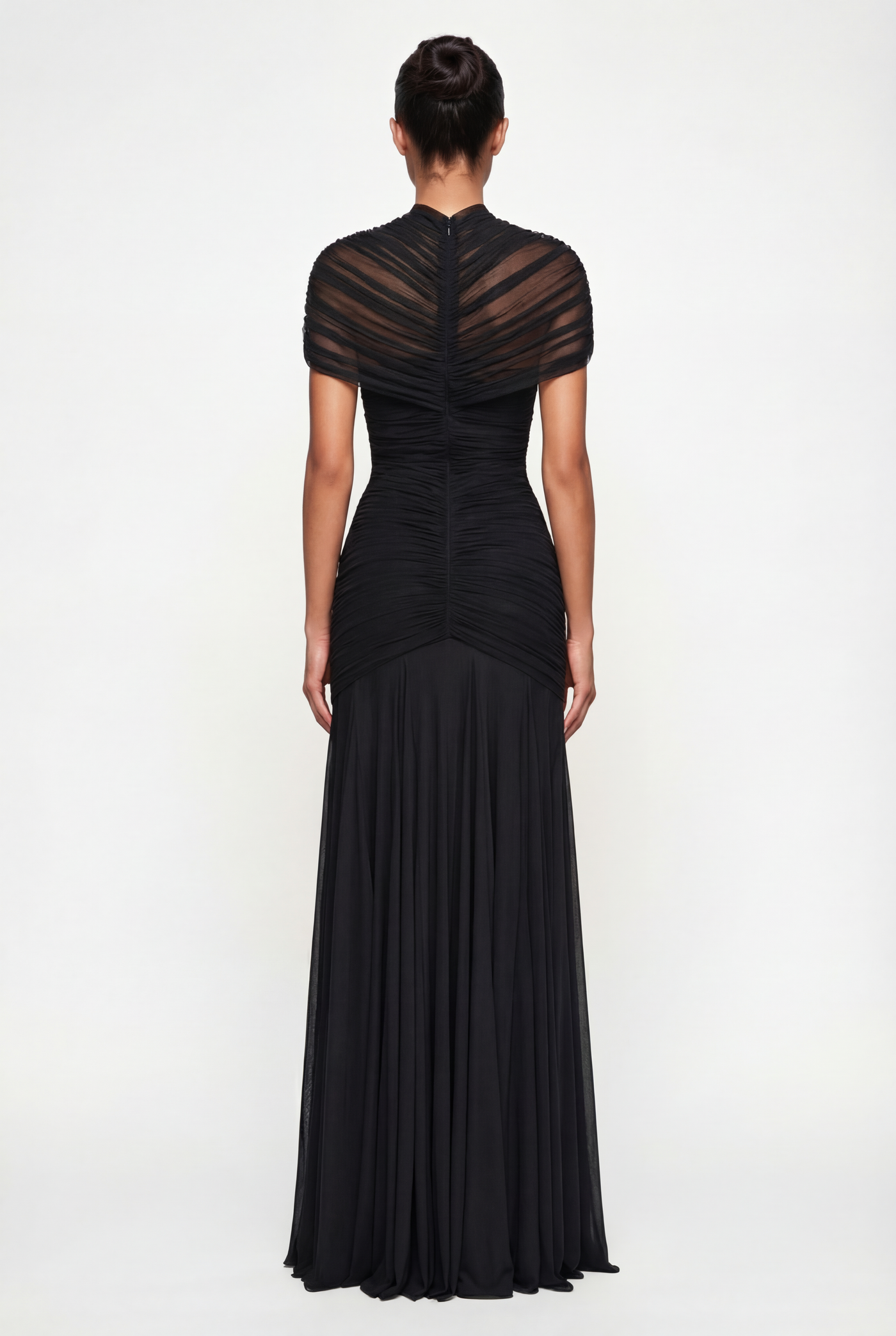 Violeta Sheer Ruched Cut-Out Maxi Dress – Black