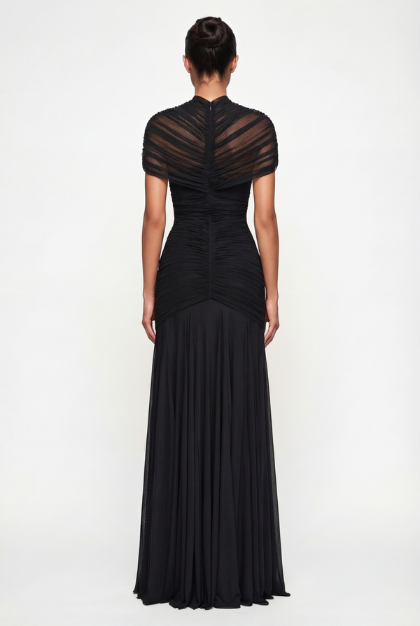 Violeta Sheer Ruched Cut-Out Maxi Dress – Black