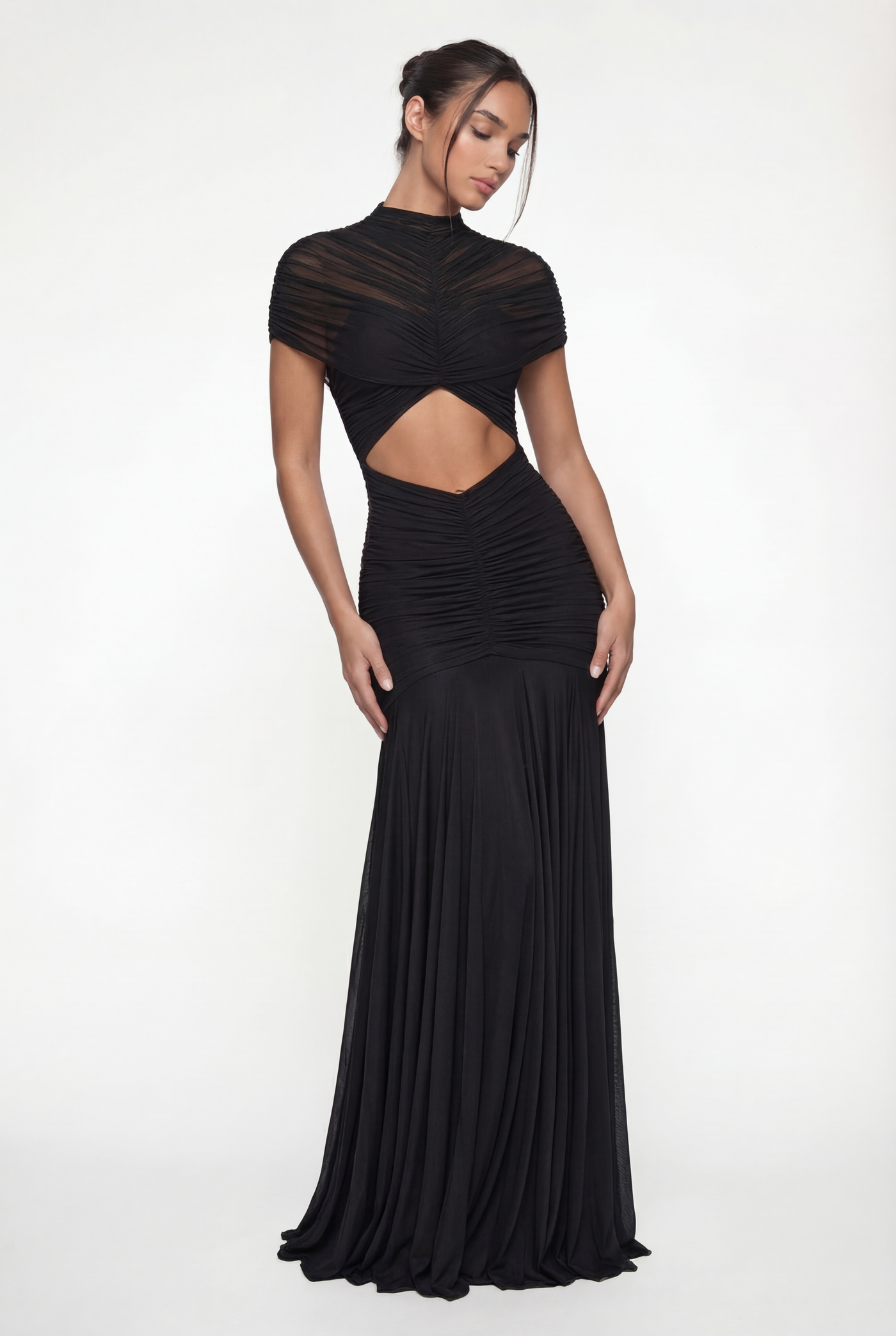 Violeta Sheer Ruched Cut-Out Maxi Dress – Black