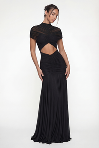 Violeta Sheer Ruched Cut-Out Maxi Dress – Black