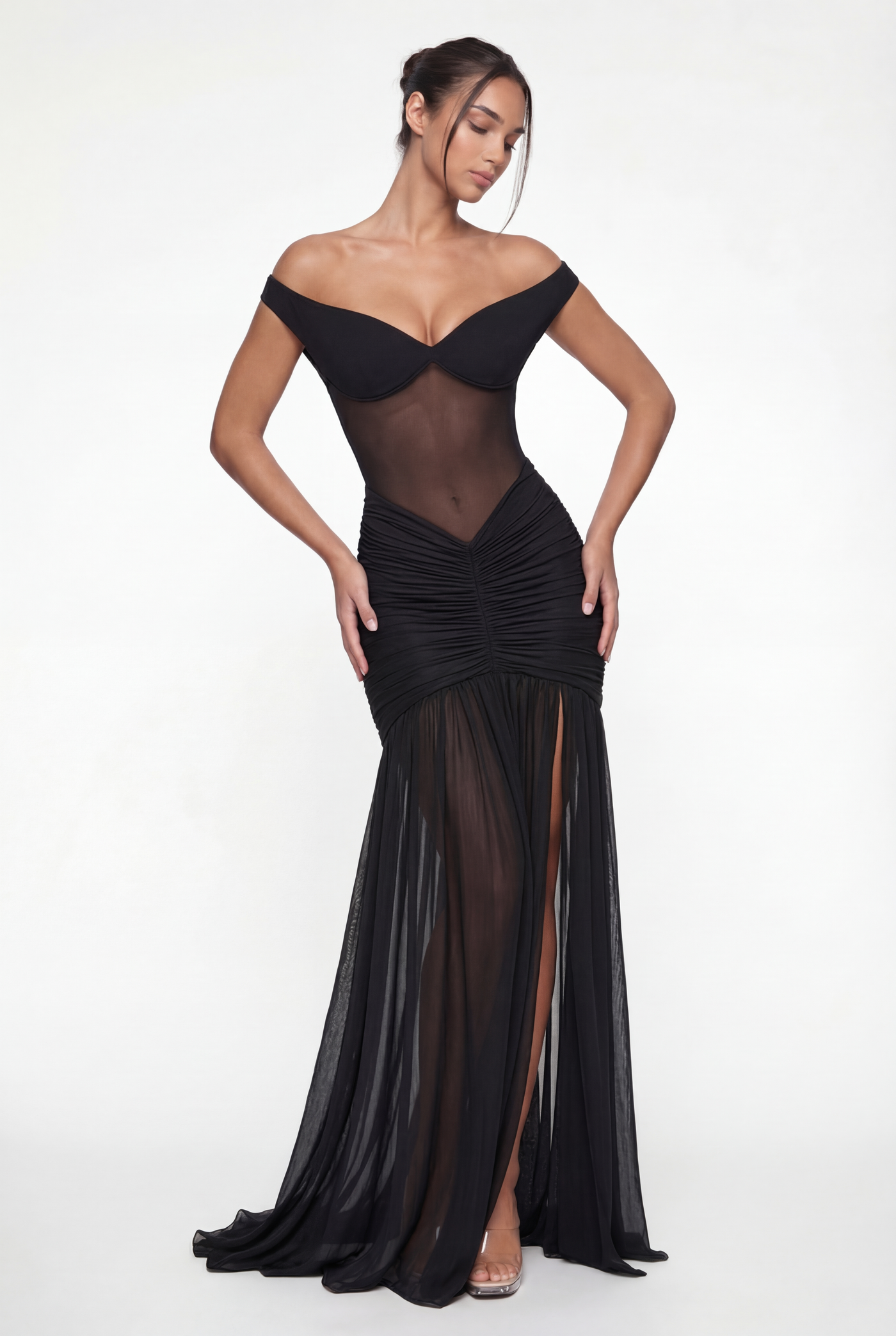 Beatrix Sheer Maxi Dress with Scarf – Black