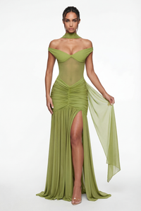 Beatrix Sheer Maxi Dress with Scarf – Green
