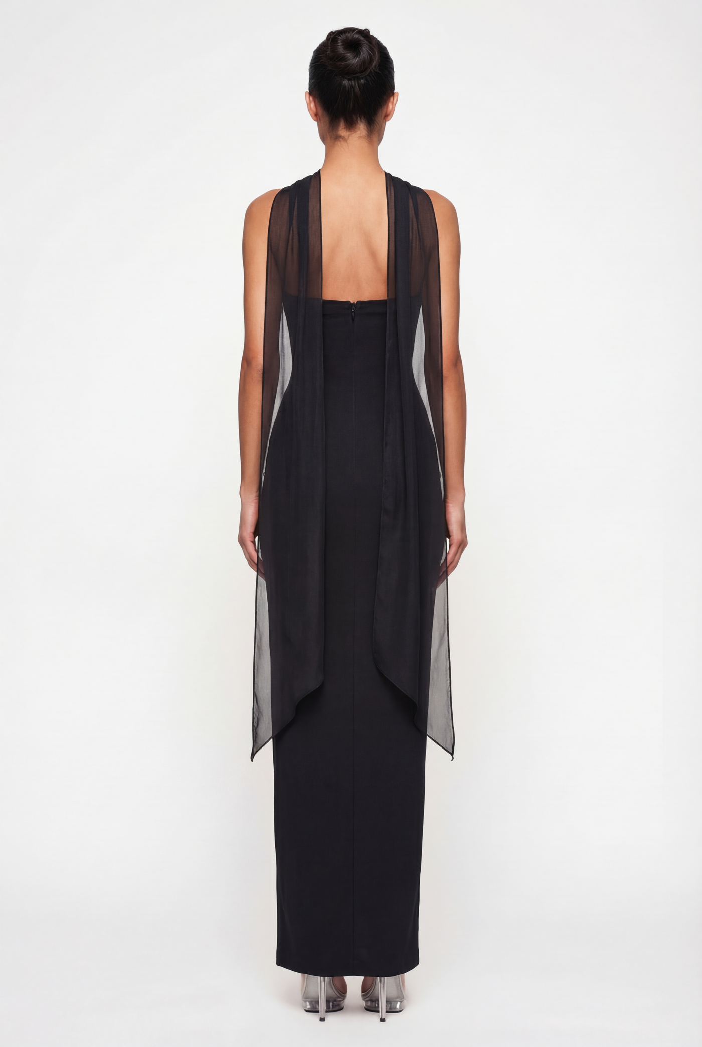 Esther Strapless Maxi Dress with Sheer Scarf – Black