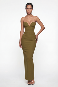 Esther Strapless Maxi Dress with Sheer Scarf – Olive
