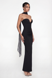 Esther Strapless Maxi Dress with Sheer Scarf – Black