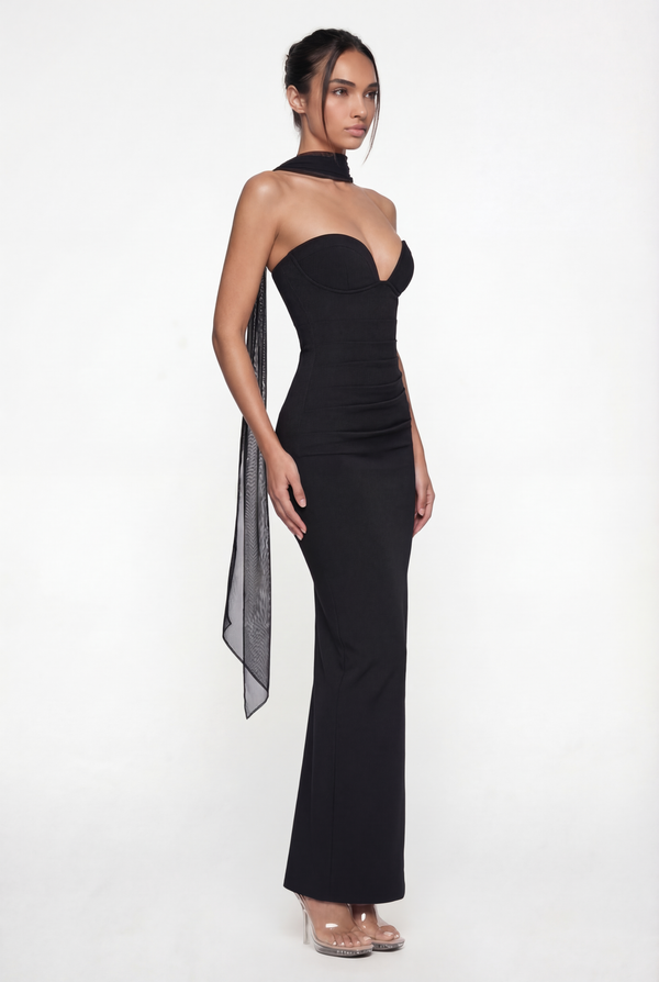 Esther Strapless Maxi Dress with Sheer Scarf – Black