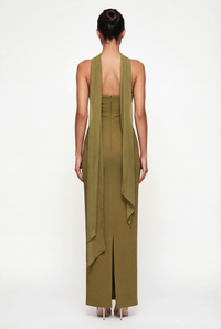 Esther Strapless Maxi Dress with Sheer Scarf – Olive
