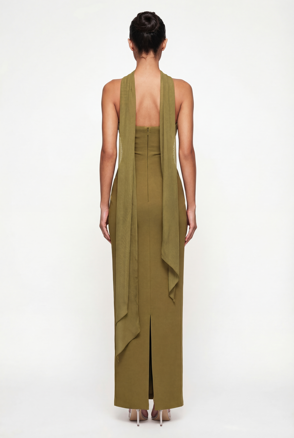 Esther Strapless Maxi Dress with Sheer Scarf – Olive