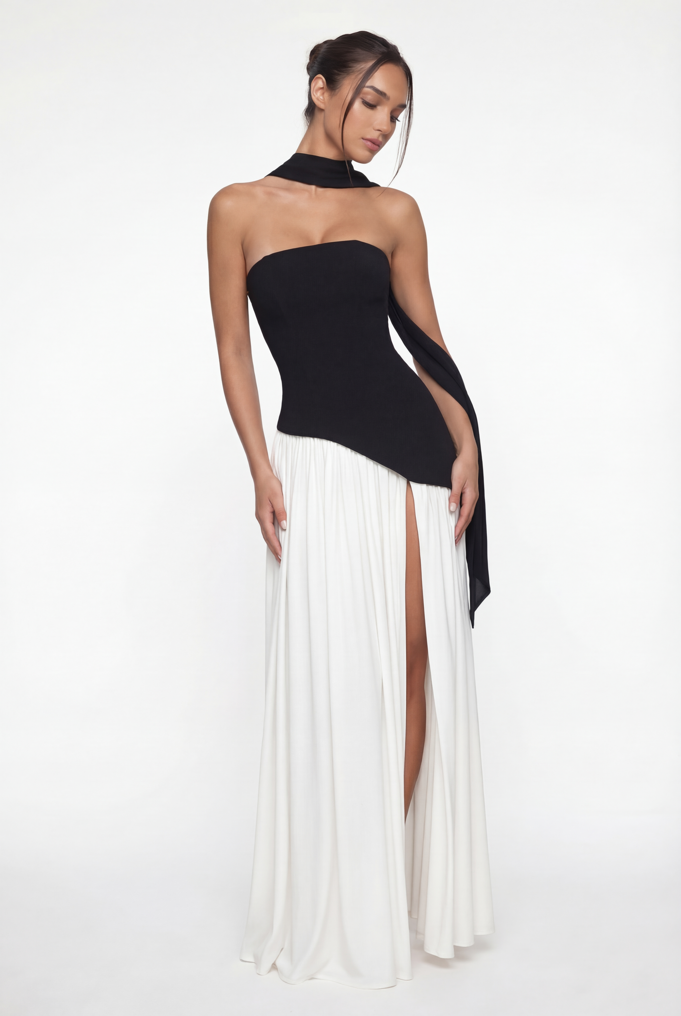 Etta Strapless Corset Maxi Dress with Scarf – Black & White