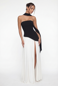 Etta Strapless Corset Maxi Dress with Scarf – Black & White