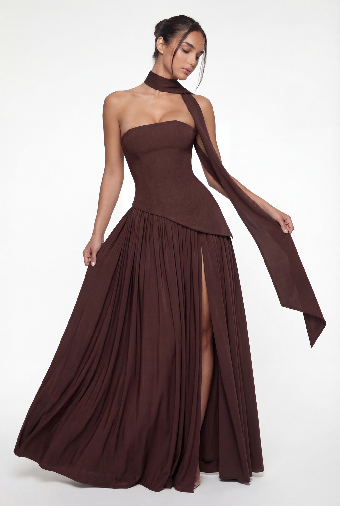 Etta Strapless Corset Maxi Dress with Scarf – Brown