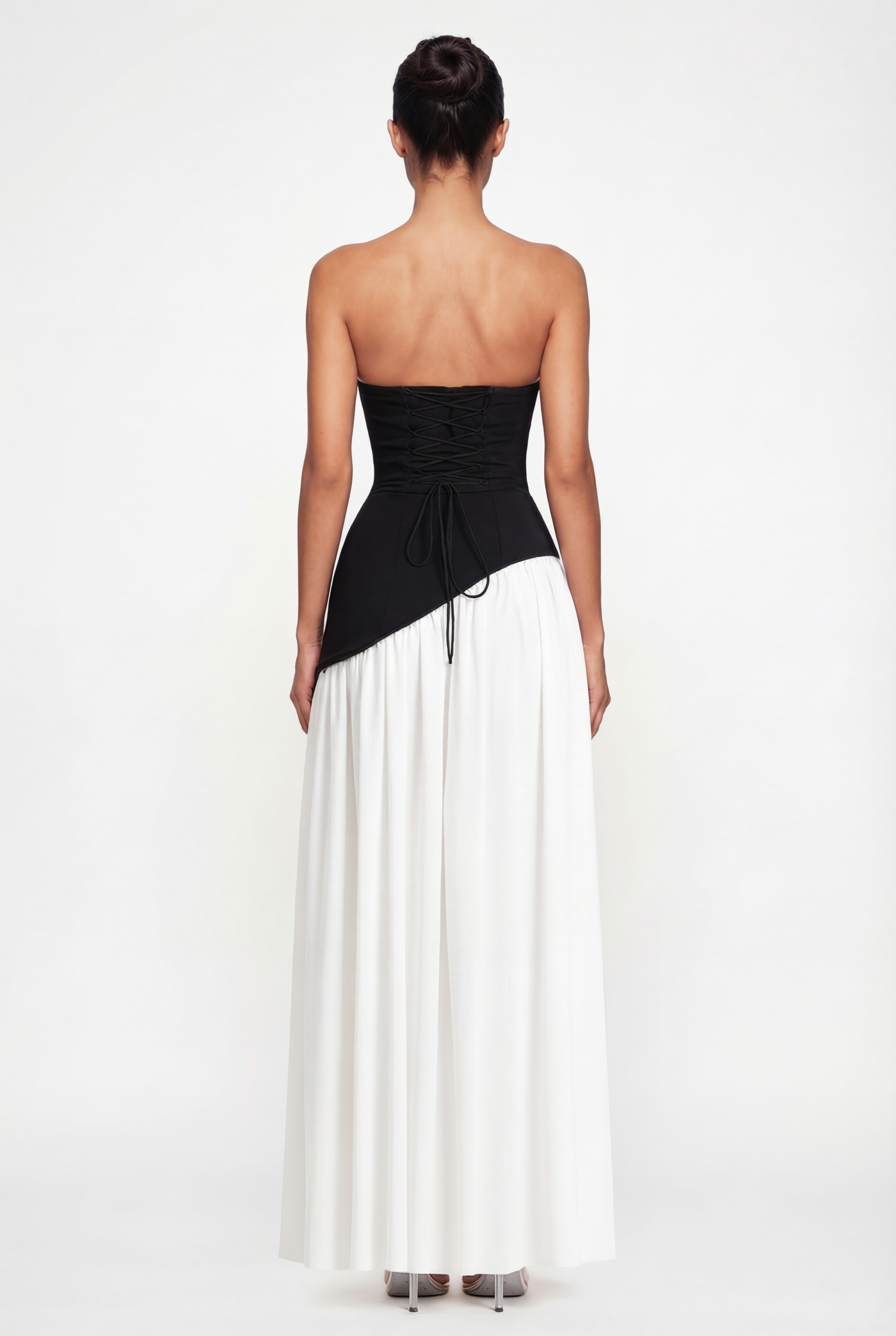 Etta Strapless Corset Maxi Dress with Scarf – Black & White