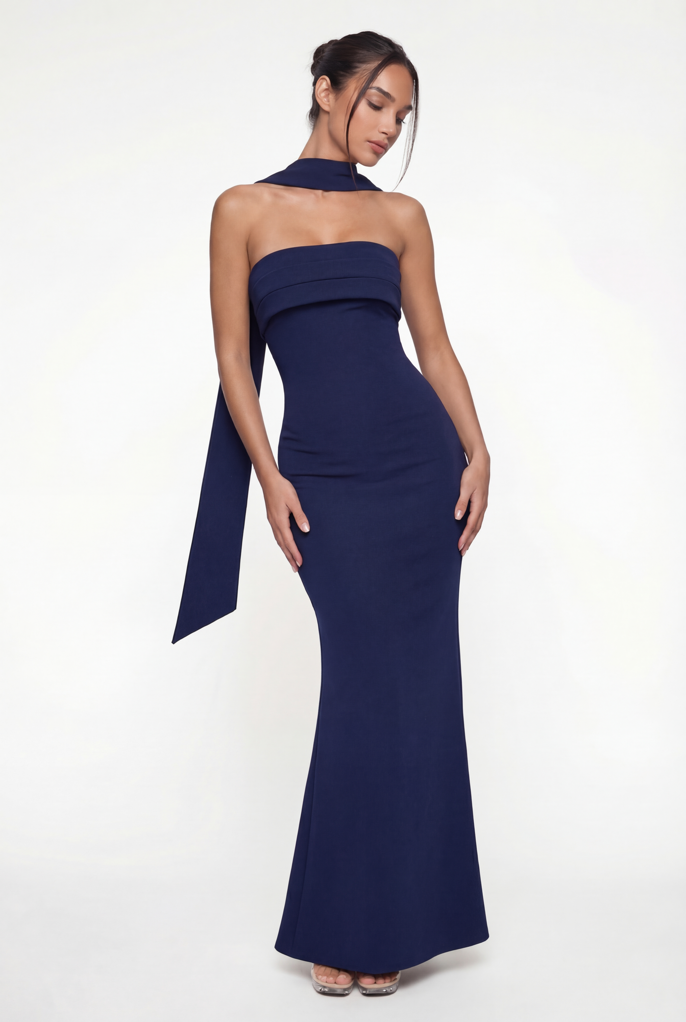 Linley Strapless Maxi Dress with Scarf – Navy Blue