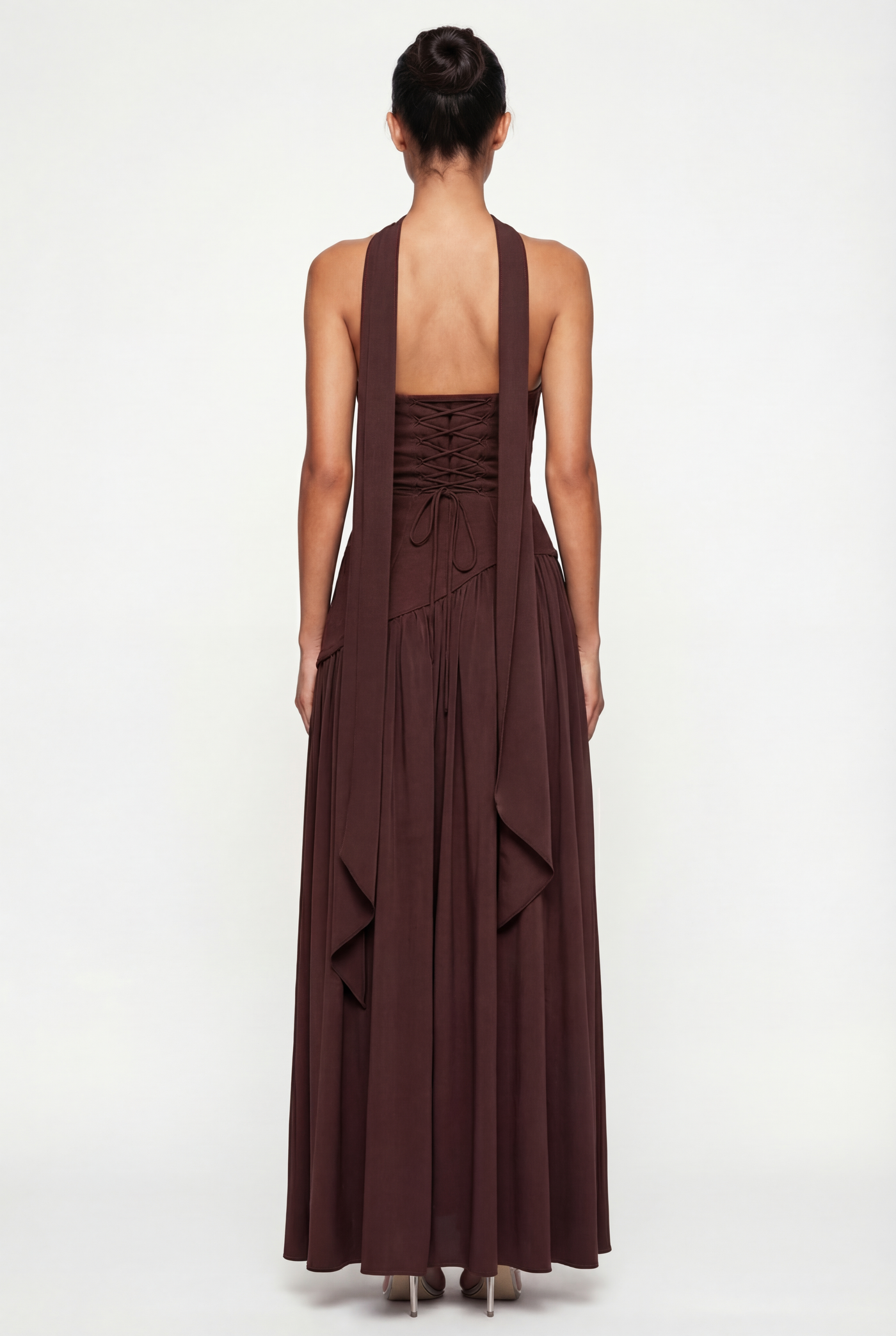 Etta Strapless Corset Maxi Dress with Scarf – Brown